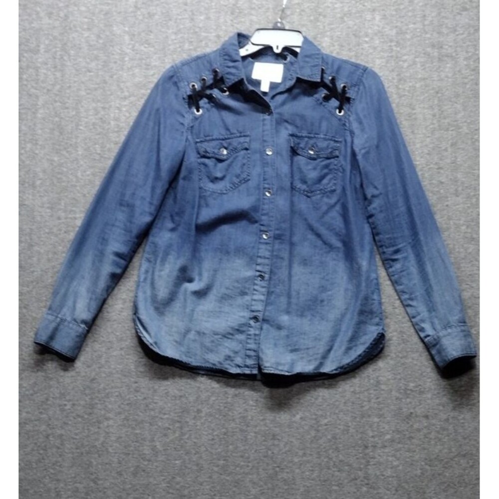 Jessica Simpson Small Shirt Blue Ombre Chambray Lace Long Sleeve Button Up